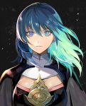  1girl black_background blue_eyes byleth_(fire_emblem) byleth_eisner_(female) cape cleavage_cutout closed_mouth commentary_request detached_collar face fire_emblem fire_emblem:_three_houses garreg_mach_monastery_uniform green_hair hair_between_eyes highres kyufe long_hair looking_at_viewer 