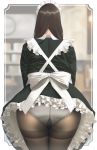  1girl apron ass black_legwear brown_hair commentary_request cowboy_shot facing_away frills from_behind highres long_hair maid maid_apron maid_headdress original outside_border panties panties_under_pantyhose pantyhose petticoat ryokucha_michi solo underwear 