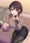  1girl bag black_hair black_legwear black_shorts blush breasts collarbone cup drinking_glass eyebrows_visible_through_hair handbag highres holding holding_cup holding_microphone indoors kagematsuri large_breasts long_sleeves looking_at_viewer microphone multicolored_hair open_mouth original pantyhose purple_hair short_hair shorts sitting smile solo sweater tongue twitter_username two-tone_hair upper_body 