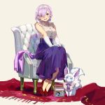  1girl animal breasts carpet chair collared_shirt creature earrings fate/grand_order fate_(series) fou_(fate/grand_order) frilled_shirt frills gloves hair_between_eyes hair_over_one_eye high_heels highres jewelry looking_at_viewer mash_kyrielight medium_breasts necklace open_mouth pearl_necklace purple_hair purple_skirt red_footwear shirt shirt_tucked_in short_hair simple_background sitting skirt sleeveless smile solo tamomoko violet_eyes white_background white_gloves white_shirt 