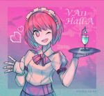  1girl ;d android artist_name bow bowtie commentary copyright_name dorothy_haze hairband kky one_eye_closed open_mouth pink_background pixel_heart purple_background red_eyes redhead short_hair smile solo tray two-tone_background upper_body va-11_hall-a 