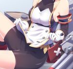  1girl armband armpits artist_request azur_lane bangs bare_shoulders beret bike_shorts black_gloves boots breasts double-breasted dress elbow_gloves eyebrows eyebrows_visible_through_hair frilled_boots frills gloves hat head_out_of_frame machinery no_bra open_mouth platinum_blonde_hair red_footwear shoes short_hair showgirl_skirt sideboob skirt skirt_lift sleeveless sock_garters solo source_request turtleneck white_gloves z23_(azur_lane) 