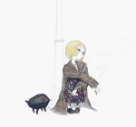  1girl asgr bangs black_footwear blonde_hair cigarette crossed_arms freckles grey_eyes highres long_coat long_sleeves looking_to_the_side original plaid_coat robot shiny_footwear shoes short_hair smoke squatting watch watch white_background wide_shot 