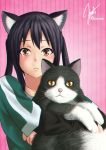  1girl animal animal_ears black_hair brown_eyes cat cat_ears green_shirt highres holding holding_animal k-on! long_hair looking_at_viewer nakano_azusa pink_background rinoarashi shirt simple_background twintails 