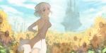  1girl absurdres back blue_eyes blue_sky castle dress elbow_gloves flower gloves highres kai1up looking_at_viewer looking_back open_mouth original outdoors short_hair silhouette sky solo sunflower white_dress white_gloves windmill 