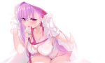  1girl bangs bb_(fate)_(all) bb_(fate/extra_ccc) blanket blush breasts collarbone fate/extra fate/extra_ccc fate_(series) gloves hair_ribbon highres large_breasts leaning_forward leotard long_hair looking_at_viewer neck_ribbon purple_hair red_ribbon ribbon simple_background sitting smile solo tongue tongue_out very_long_hair violet_eyes white_background white_gloves white_leotard yaguo 