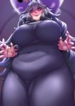  1girl @_@ absurdres belly blush breasts commentary_request covered_navel fat from_below hex_maniac_(pokemon) highres large_breasts long_hair looking_at_viewer looking_down naughty_face parted_lips plump pokemon purple_hair smile stomach thick_thighs thighs very_long_hair yu02j0 