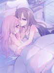  2girls akemi_homura bed black_hair eyebrows_visible_through_hair hair_down hairband kaname_madoka long_hair looking_at_another mahou_shoujo_madoka_magica multiple_girls on_bed pillow pink_eyes pink_hair purple_hairband smile violet_eyes white_pillow yamada_ako yuri 