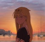  1girl architecture backlighting bangs black_ribbon black_serafuku blonde_hair blush boat building clouds cloudy_sky commentary_request eyebrows_visible_through_hair hair_between_eyes hair_flaps hair_ribbon highres kantai_collection lolipaedq long_hair looking_at_viewer mast mountain ocean outdoors parted_lips pier red_eyes reflection ribbon sailor_collar school_uniform serafuku silhouette sky solo sunset upper_body water watercraft white_sailor_collar yuudachi_(kantai_collection) 