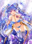  1girl :d absurdres bare_shoulders bikini blue_bikini blue_hair breasts bubble detached_sleeves hair_ornament halter_top halterneck highres index_finger_raised jellyfish jewelry leg_up long_hair looking_at_viewer medium_breasts navel open_mouth original puffy_short_sleeves puffy_sleeves purple_legwear s2riridoll short_sleeves slippers smile solo stomach swimsuit thigh-highs thighs twintails very_long_hair violet_eyes water 