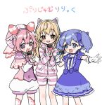  3girls :d animal_ears bangs blue_bow blue_dress blue_eyes blue_hair blush bow cat_ear_headphones cat_ears commentary_request dress eyebrows_visible_through_hair fake_animal_ears gloves hair_between_eyes hair_bow hat headphones holding holding_microphone hood hood_down hooded_jacket ienaga_mugi jacket long_sleeves looking_at_viewer microphone multiple_girls nijisanji open_mouth outstretched_arm pink_bow pink_capelet pink_headwear puffy_short_sleeves puffy_shorts puffy_sleeves red_bow short_shorts short_sleeves shorts simple_background sleeves_past_wrists smile striped striped_jacket striped_shorts translated twintails ushimi_ichigo v-shaped_eyebrows virtual_youtuber white_background white_gloves white_shorts yamabukiiro yuuki_chihiro 