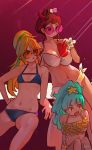  3girls absurdres aqua_hair bangs bikini blonde_hair blue_bikini blunt_bangs breasts brown_hair drinking_straw feet_out_of_frame frilled_bikini frills hair_bun hair_ornament highres holding_drink hoshikawa_lily large_breasts long_hair multiple_girls navel nikaidou_saki open_mouth pink-tinted_eyewear ponytail ryusei_hashida scrunchie signature small_breasts smile star star_hair_ornament swimsuit white_bikini white_scrunchie wrist_scrunchie yellow-tinted_eyewear yellow_bikini yellow_eyes yuugiri_(zombie_land_saga) zombie_land_saga 