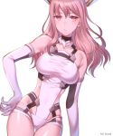  1girl artist_name breasts breasts_apart character_request closed_mouth collarbone contrapposto cowboy_shot elbow_gloves floating_hair frown gloves hair_between_eyes hand_on_hip highres kio_rojine leotard long_hair looking_at_viewer medium_breasts pink_hair red_eyes simple_background solo thigh_gap white_background white_gloves white_leotard 