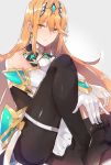  1girl absurdres bangs black_legwear blonde_hair chest_jewel closed_mouth earrings elbow_gloves eyebrows_visible_through_hair gem gloves headpiece highres mythra_(xenoblade) jewelry mono_(jdaj) shoulder_armor xenoblade_(series) xenoblade_2 yellow_eyes 