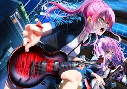  2girls aikawa_megumi alternate_costume bass_guitar black_jacket black_nails collared_shirt commentary_request concert double_bun dress_shirt dutch_angle earpiece eyes_visible_through_hair floating_hair foreshortening green_eyes guitar hair_between_eyes hair_bun hair_ribbon heaven_burns_red holding holding_instrument holding_plectrum indoors instrument jacket jpeg_artifacts kunimi_tama leaning_forward long_hair long_sleeves looking_afar multiple_girls music nail_polish noir_(nowaru) open_clothes open_jacket open_mouth pink_eyes pink_hair playing_instrument plectrum red_nails ribbon serious shirt spotlight stage standing sweat teeth textless_version tsurime upper_teeth_only v-shaped_eyebrows white_ribbon white_shirt 