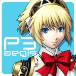  00s 1girl aegis_(persona) asami_(undoundo) atlus bangs black_hairband blonde_hair blue_eyes bow bowtie character_name closed_mouth copyright_name female_focus hairband humanoid_robot lowres megami_tensei persona persona_3 red_bow red_neckwear robot robot_girl shiny shiny_hair short_hair smile solo tomboy 