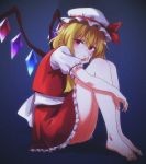  1girl absurdres ascot ass bare_legs barefoot blonde_hair closed_mouth commentary_request crystal dark flandre_scarlet frilled_skirt frills hand_on_own_cheek hat hat_ribbon highres huge_filesize knees_up looking_at_viewer mo3hig3 mob_cap red_eyes red_shirt red_skirt ribbon shirt short_hair short_sleeves sitting skirt skirt_set smile solo touhou white_headwear wings 