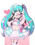  1girl absurdres alternate_costume aqua_eyes aqua_hair black_gloves blue_eyes collarbone commentary_request detached_sleeves elbow_gloves gloves green_eyes green_hair hatsune_miku heart highres long_hair looking_at_viewer navel open_mouth pink_ribbon pointing pointing_at_viewer ribbon skirt smile solo thigh-highs twintails two-tone_gloves very_long_hair vocaloid white_gloves yuno65 