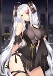  1girl absurdres ahoge alternate_costume azur_lane bangs black_dress black_gloves blush bow breasts brown_eyes cityscape contrapposto cowboy_shot dress gloves hair_between_eyes highres indoors large_breasts long_hair looking_at_viewer multicolored_hair night open_mouth prinz_eugen_(azur_lane) prinz_eugen_(cordial_cornflower)_(azur_lane) redhead sidelocks silver_hair solo streaked_hair thighs two_side_up very_long_hair window yuzu-aki 
