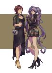  2girls bag black_dress black_footwear boots brown_background brown_eyes brown_hair camouflage camouflage_skirt closed_mouth dress floating_hair full_body green_jacket hair_between_eyes handbag high_heel_boots high_heels highlights highres holding jacket kaname_buccaneer long_hair long_sleeves looking_at_viewer macross macross_delta mikumo_guynemer military_jacket miniskirt multicolored_hair multiple_girls open_clothes open_jacket pumps purple_hair red_eyes same_height see-through shimatani_azu short_hair skirt smile standing two-tone_background very_long_hair white_background 