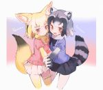  2girls :3 animal_ear_fluff animal_ears artist_name black_gloves black_hair black_neckwear blonde_hair blue_sweater blush bow bowtie commentary common_raccoon_(kemono_friends) cowboy_shot elbow_gloves eyebrows_visible_through_hair fang fennec_(kemono_friends) fox_ears fox_girl fox_tail fur_collar fur_trim gloves grey_gloves grey_hair grey_legwear grey_skirt highres holding_hands kemono_friends mochii multicolored_hair multiple_girls open_mouth pantyhose pink_skirt pink_sweater pleated_skirt puffy_short_sleeves puffy_sleeves raccoon_ears raccoon_girl raccoon_tail red_eyes short_hair short_sleeves skirt sweater tail thigh-highs yellow_gloves yellow_legwear yellow_neckwear zettai_ryouiki 