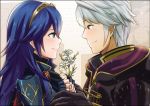  1boy 1girl a_meno0 black_gloves blue_eyes blue_hair brown_eyes closed_mouth couple daisy eye_contact eyebrows_visible_through_hair fingerless_gloves fire_emblem fire_emblem:_kakusei fire_emblem_awakening flower friendship from_side gloves hair_between_eyes holding holding_flower intelligent_systems long_hair looking_at_another looking_at_viewer love lucina lucina_(fire_emblem) male_my_unit_(fire_emblem:_kakusei) my_unit_(fire_emblem:_kakusei) nintendo reflet robin_(fire_emblem) robin_(fire_emblem)_(male) shoulder_armor silver_hair smile super_smash_bros. upper_body white_background white_flower 