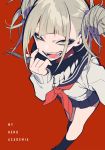  1girl :d absurdres black_legwear blonde_hair blood bloody_weapon boku_no_hero_academia double_bun fangs half-closed_eyes highres holding holding_knife kneehighs knife looking_at_viewer mochizuki_kei open_mouth pleated_skirt red_background school_uniform serafuku simple_background skirt smile solo teeth toga_himiko weapon yellow_eyes 