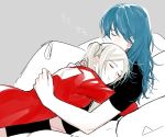  2girls back_cutout byleth_(fire_emblem) byleth_eisner_(female) byleth_eisner_(female) closed_eyes cute edelgard_von_hresvelg female_my_unit_(fire_emblem:_three_houses) fire_emblem fire_emblem:_three_houses fire_emblem:_three_houses fire_emblem_16 green_hair grey_background hug intelligent_systems long_hair multiple_girls my_unit_(fire_emblem:_three_houses) nintendo parted_lips pillow side_ponytail silver_hair simple_background since2019 sleeping spooning yuri 