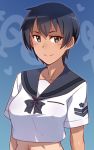  1girl black_hair blue_eyes borrowed_character breasts em kuronami_(lvi) looking_at_viewer midriff original school_uniform serafuku short_hair smile solo 