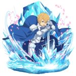  1boy armor blonde_hair blue_cape blue_eyes blue_pants blue_rose_sword cape eugeo faulds full_body gauntlets hair_between_eyes highres holding holding_sword holding_weapon ice male_focus official_art open_mouth pants shoulder_armor solo spaulders sword sword_art_online transparent_background weapon 