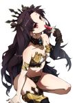  1girl armlet asymmetrical_clothes asymmetrical_legwear asymmetrical_sleeves bare_shoulders black_hair commentary commentary_request crown crystal earrings fate/grand_order fate_(series) hair_ornament hoop_earrings ishtar_(fate/grand_order) jewelry long_hair looking_at_viewer pakotaroh red_eyes shiny shiny_skin simple_background solo twintails white_background 