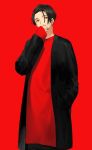  1boy black_coat black_hair brown_eyes cowboy_shot hand_in_pocket hand_to_own_mouth hand_up highres long_shirt long_sleeves looking_at_viewer namakawa original red_background red_shirt red_theme shadow shirt short_hair simple_background sleeves_past_wrists solo tongue tongue_out 
