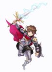  1boy armor armored_boots blush bodoi boots brown_eyes brown_hair cape copyright_name electricity full_body hair_ornament knights_chronicle official_art shield solo sword teeth theo_(knights_chronicle) weapon white_background 