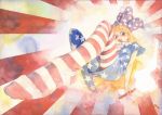  1girl american_flag_dress american_flag_legwear blonde_hair clownpiece commentary_request fire flame from_below hat holding jester_cap long_hair looking_at_viewer misawa_hiroshi neck_ruff open_mouth perspective plantar_flexion red_eyes short_sleeves solo sunburst sunburst_background torch touhou traditional_media watercolor_(medium) 