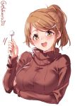  1girl alternate_costume aquila_(kantai_collection) blush brown_eyes ebifurya eyebrows_visible_through_hair high_ponytail highres kantai_collection long_hair open_mouth orange_hair red_sweater simple_background smile solo sweater twitter_username wavy_hair white_background 