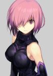  1girl armor bare_shoulders breasts elbow_gloves fate/grand_order fate_(series) gloves grey_background hair_over_one_eye hankuri impossible_clothes large_breasts looking_at_viewer mash_kyrielight pink_hair shiny shiny_hair short_hair simple_background solo upper_body violet_eyes 