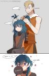  1boy 1girl blue_eyes blue_hair braid brown_eyes brown_hair byleth_(fire_emblem) byleth_eisner_(female) chocojax closed_mouth father_and_daughter fire_emblem fire_emblem:_three_houses hand_mirror holding jeralt_reus_eisner long_hair long_sleeves mirror sitting sleeveless watermark web_address 