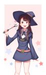  1girl absurdres bangs black_headwear brown_hair commentary_request hat highres holding holding_wand kagari_atsuko little_witch_academia long_hair looking_at_viewer red_eyes sleeves_past_wrists smile solo standing star upper_teeth wand witch_hat yuno65 