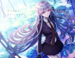  1girl artist_name bangs black_gloves black_skirt braid breasts commentary_request dangan_ronpa dangan_ronpa_1 dated gloves hair_ornament hair_ribbon happy_birthday jacket kirigiri_kyouko large_breasts long_hair looking_at_viewer necktie pleated_skirt purple_hair purple_jacket red_neckwear ribbon shirt single_braid skirt solo violet_eyes white_shirt z-epto_(chat-noir86) 