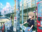  1boy 1girl 5114ave absurdres bicycle black_shirt brown_hair can east_japan_railway_company fence ground_vehicle guard_rail highres holding holding_can light_brown_hair looking_at_viewer original ponytail shirt sidelocks solo_focus t-shirt train train_station vending_machine watch watch 