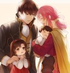  2boys 2girls :d altenna_(fire_emblem) aym_(ash3ash3ash) baby blush brother_and_sister brown_coat brown_eyes brown_hair cape closed_eyes coat commentary_request dress ethlyn_(fire_emblem) family father_and_son fire_emblem fire_emblem:_genealogy_of_the_holy_war folded_ponytail hair_ornament hairband hairclip highres holding_baby husband_and_wife laughing leif_(fire_emblem) long_hair mother_and_daughter mother_and_son multiple_boys multiple_girls open_mouth pink_hair quan_(fire_emblem) red_dress red_hairband red_shirt shirt siblings smile yellow_cape younger 