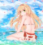 1girl absurdres ahoge ass bangs barefoot bikini blonde_hair breasts cherry_blossoms clouds day eyebrows_visible_through_hair fate/grand_order fate_(series) floating_hair from_behind green_eyes hair_between_eyes highres long_hair looking_at_viewer looking_back medium_breasts nero_claudius_(fate)_(all) nero_claudius_(swimsuit_caster)_(fate) ocean outdoors sd4869 shiny shiny_hair sideboob sitting soles solo sparkle striped striped_bikini swimsuit thighs very_long_hair wariza