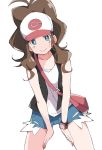  1girl aqua_eyes bag baseball_cap blush brown_hair closed_mouth collarbone denim denim_shorts hat ixy long_hair pokemon pokemon_(game) pokemon_bw ponytail shirt shorts simple_background smile solo touko_(pokemon) watch white_background white_shirt 