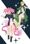  2girls :d asymmetrical_legwear black_gloves black_legwear boots bow brown_eyes fingerless_gloves full_body gloves green_eyes green_hair hair_bow hair_ornament hairclip highres jacket knee_boots long_hair long_sleeves looking_at_viewer macross macross_delta makina_nakajima multiple_girls open_mouth parted_lips pink_hair reina_prowler shimatani_azu shiny shiny_hair short_hair short_shorts shorts single_thighhigh smile standing thigh-highs twintails white_bow white_footwear white_gloves white_jacket white_shorts 