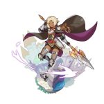  1boy 1girl 2others armored_boots bird blonde_hair boots cape castle dark_skin dragalia_lost full_body holding holding_spear holding_weapon looking_at_viewer multiple_others non-web_source official_art one_eye_closed open_mouth orange_eyes patia polearm saitou_naoki salute shorts silhouette spear transparent_background weapon 
