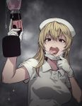  1girl bangs black_eyes blonde_hair breasts gloves hat mask_pull nurse nurse_cap open_mouth piercing solo tears tkhs tongue tongue_out tongue_piercing white_gloves 