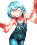  &gt;:( 1girl anger_vein angry bare_arms blue_eyes blush breasts clenched_teeth constricted_pupils cowboy_shot denim dot_nose eyebrows_visible_through_hair hair_between_eyes heterochromia looking_at_viewer naked_overalls overalls pocket red_eyes shimizu_pem short_hair sideboob slit_pupils solo tatara_kogasa teeth touhou v-shaped_eyebrows white_background 