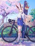  1girl absurdres arrow bicycle blue_shorts blue_sky casual cherry_blossoms commentary_request day fate/grand_order fate_(series) ground_vehicle hair_between_eyes highleg_shorts highres horns_through_headwear huge_filesize light_blush light_smile long_hair looking_at_viewer ningonmou oni_horns quiver red_eyes red_horns shirt shoes shorts sidewalk silver_hair sky sneakers solo tomoe_gozen_(fate/grand_order) tree visor_cap white_shirt 