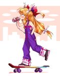 1girl blush bow cityscape cuffed drinking gourd hand_in_pocket horns long_hair looking_to_the_side multicolored_footwear naked_overalls orange_hair overalls pants pants_rolled_up purple_overalls red_bow sarashi shimizu_pem shoes skateboard skateboarding slit_pupils sneakers solo touhou 