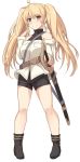  1girl ahoge bangs bare_shoulders belt black_footwear black_shorts blonde_hair breasts brown_belt brown_eyes copyright_request eyebrows_visible_through_hair full_body large_breasts long_hair long_sleeves looking_at_viewer shiseki_hirame shoes short_shorts shorts simple_background smile solo sword twintails weapon white_background 